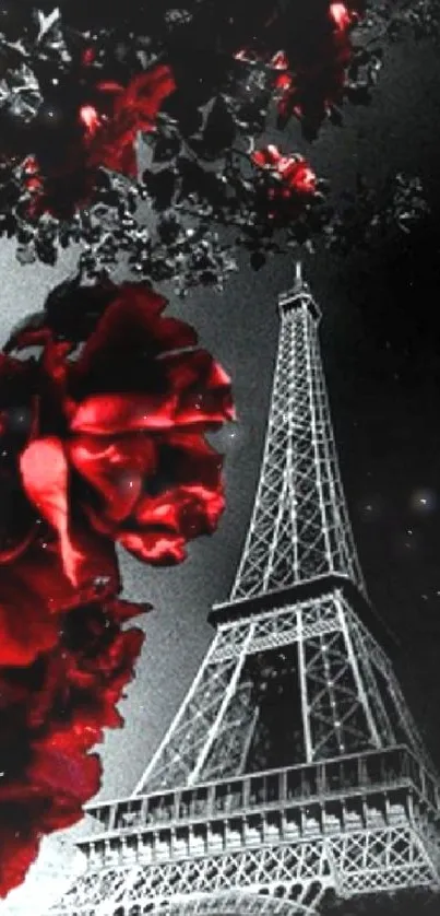 Eiffel Tower with red roses in a striking monochrome design.