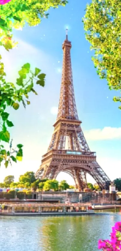 Vibrant Eiffel Tower wallpaper with greenery and flowers against a blue sky.