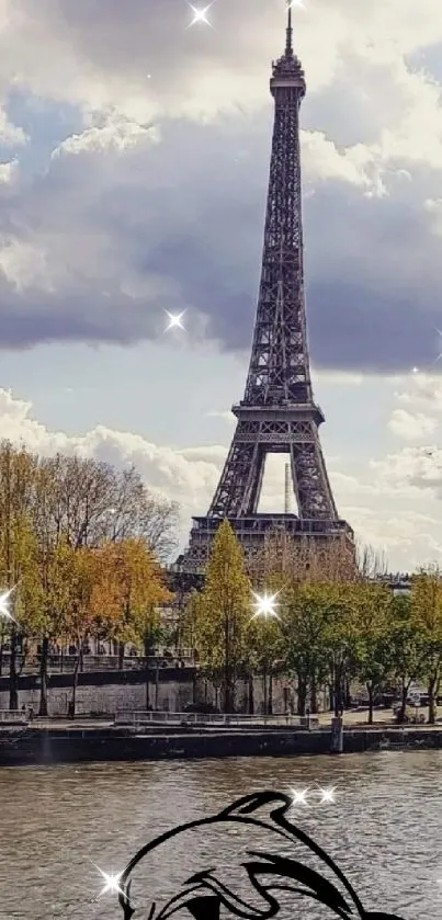 Eiffel Tower wallpaper with dolphin design and cloudy sky scene.