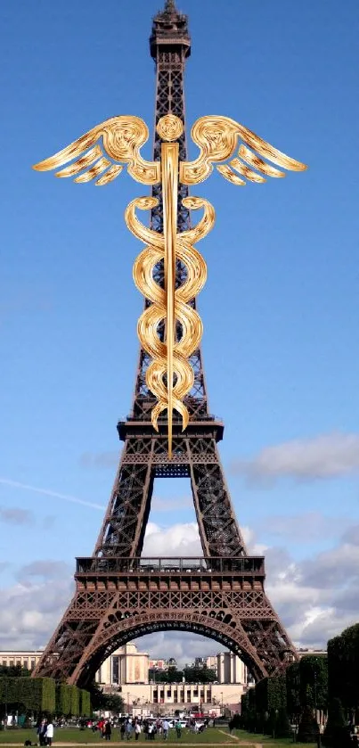 Eiffel Tower with golden artistic elements under a blue sky.