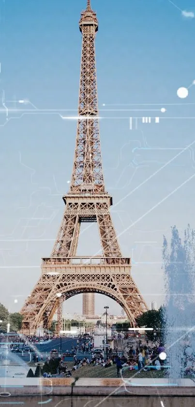 Eiffel Tower under a clear blue sky with cascading fountains.