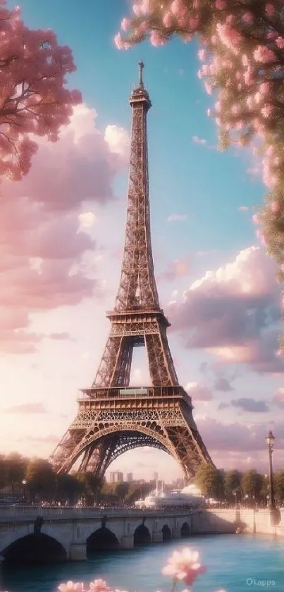 Eiffel Tower with cherry blossoms in springtime, under a pastel pink sky.