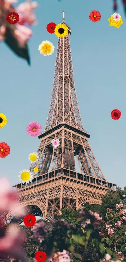 Eiffel Tower under a blue sky with spring flowers.