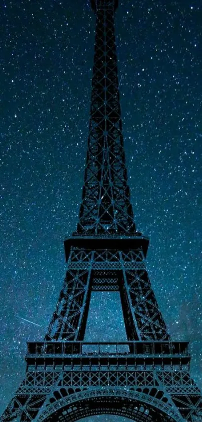 Eiffel Tower silhouetted against a sparkling starry night sky.