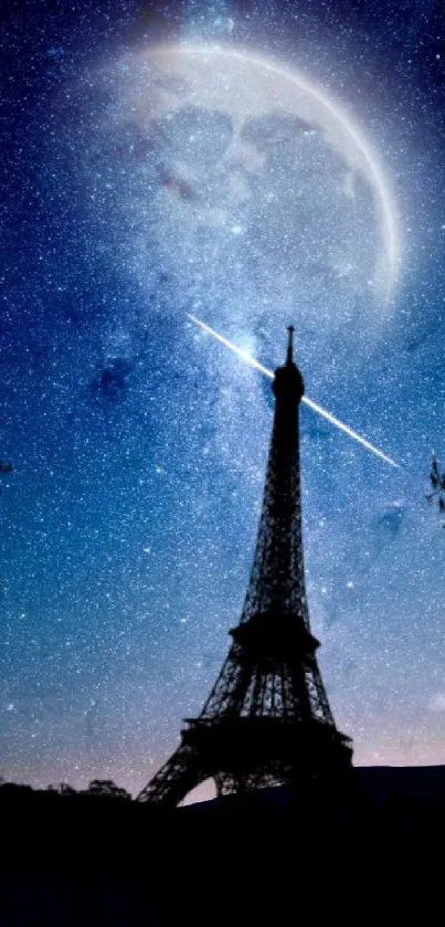 Eiffel Tower silhouetted against a starry night sky with moon and shooting star.