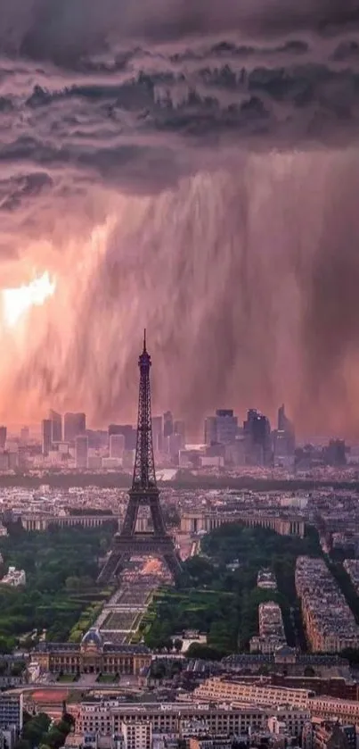 Eiffel Tower in dramatic stormy sky over Paris.