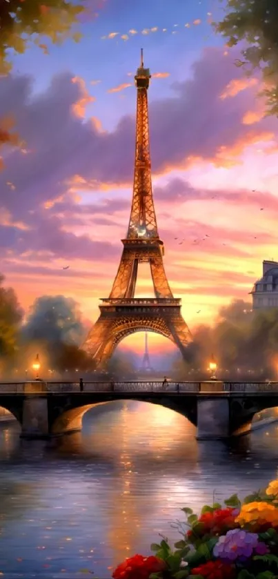 Stunning Eiffel Tower at sunset with vibrant colors and a serene Parisian backdrop.