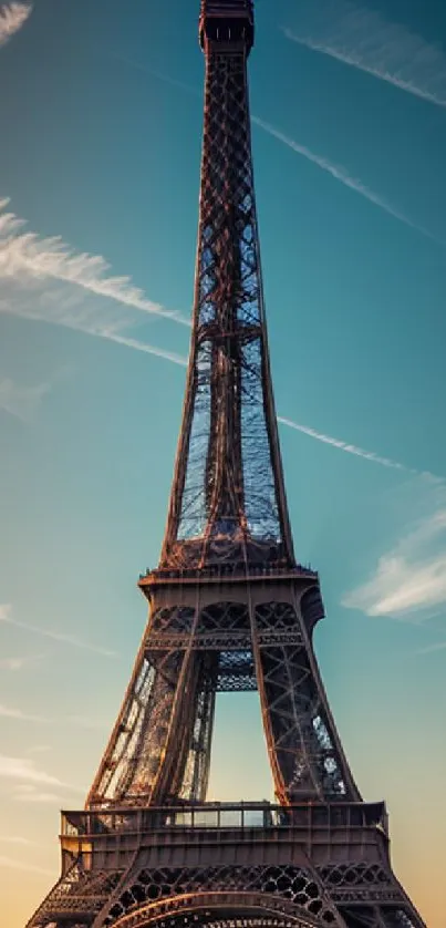 Eiffel Tower at sunset with a vibrant blue sky.