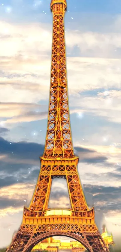 Mobile wallpaper of Eiffel Tower at sunset with golden sky.