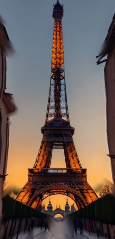 Eiffel Tower at sunset with a golden sky.