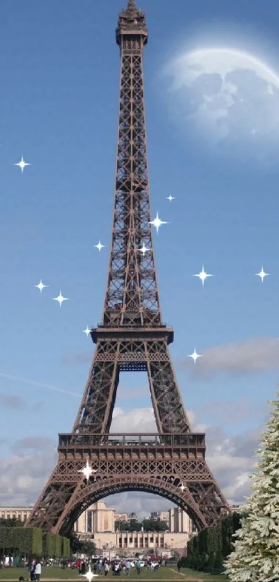 Eiffel Tower under a large moon in a blue sky with surrounding greenery.