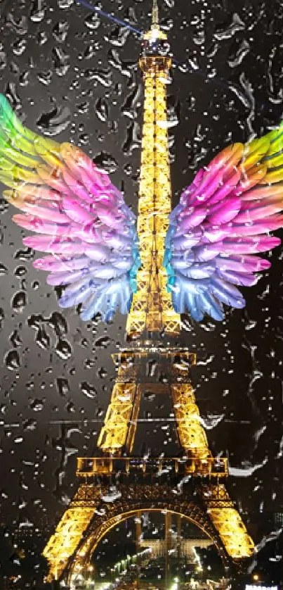 Eiffel Tower silhouette with vibrant angel wings.