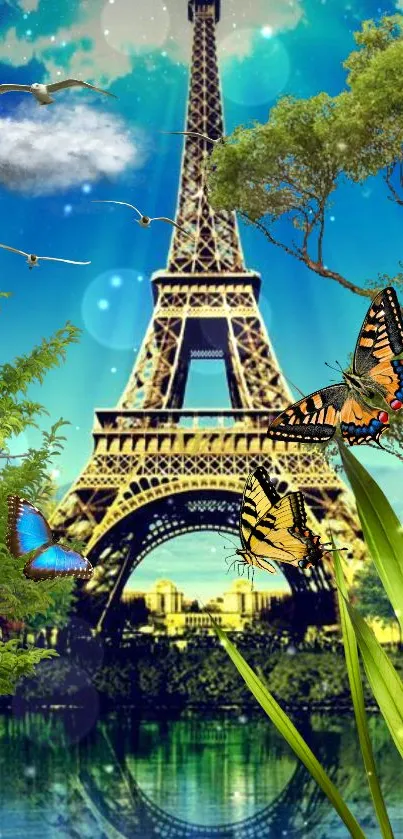 Vibrant Eiffel Tower with butterflies and lush greenery under a blue sky.