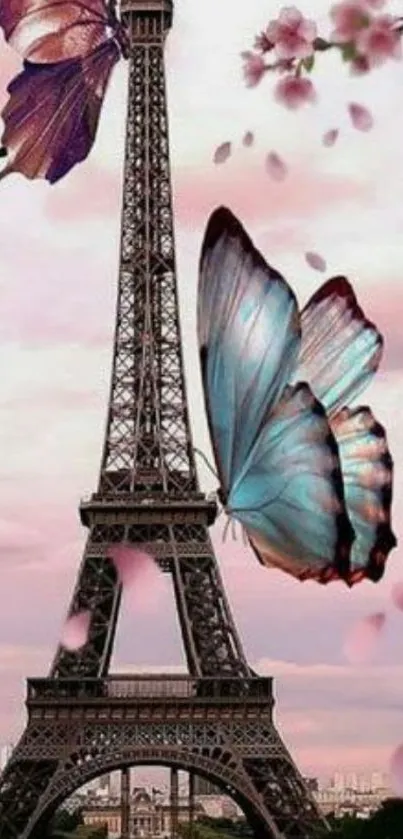 Eiffel Tower with butterflies and cherry blossoms.