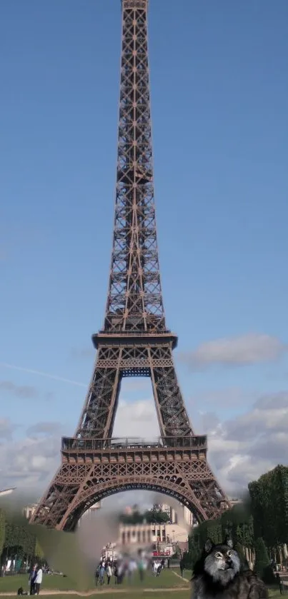 Eiffel Tower wallpaper with a wolf under a blue sky.