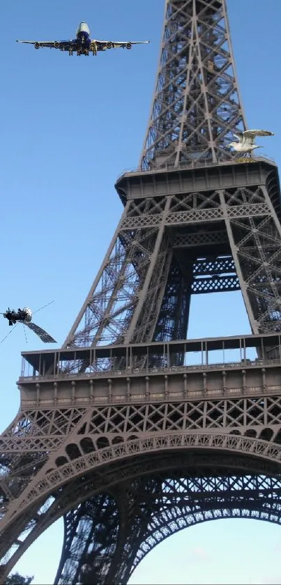 Eiffel Tower with planes against a clear blue sky mobile wallpaper.