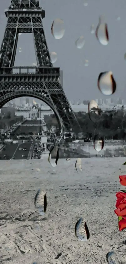 Eiffel Tower with raindrops and red roses on mobile wallpaper.