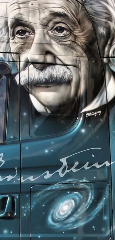 Einstein portrait with cosmic and abstract art on a teal truck panel.