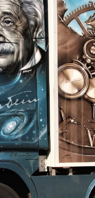 Einstein art on teal truck with mechanical gears.
