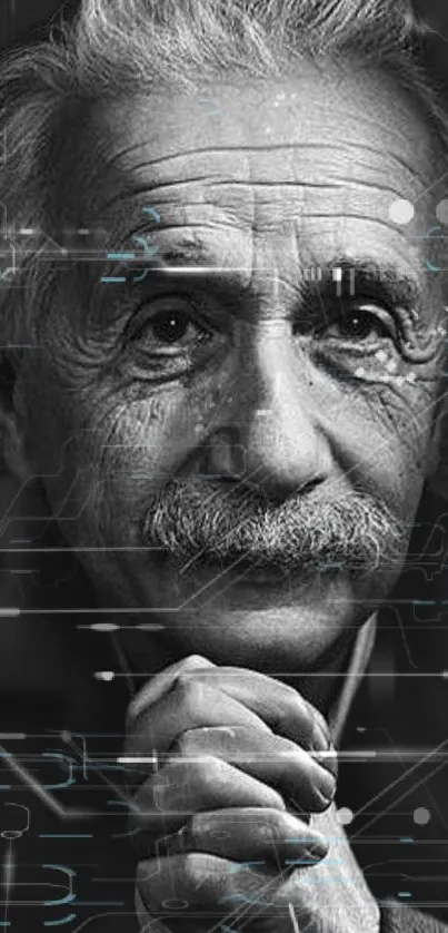 Black and white wallpaper of Einstein with circuit design.