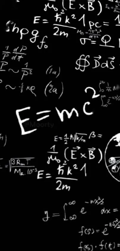 Einstein equation and physics formulas on chalkboard style wallpaper.