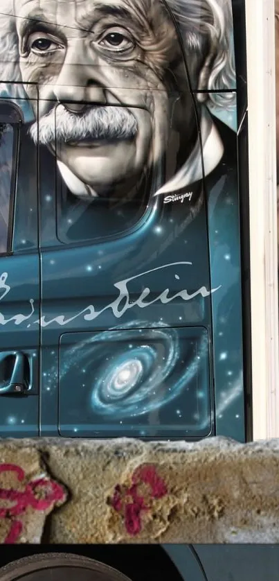 Einstein galaxy art on a blue truck, creatively designed.