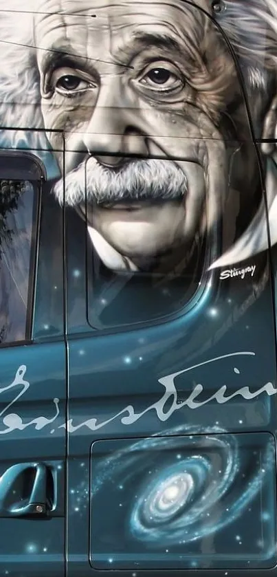 Einstein portrait on truck with galaxy design.