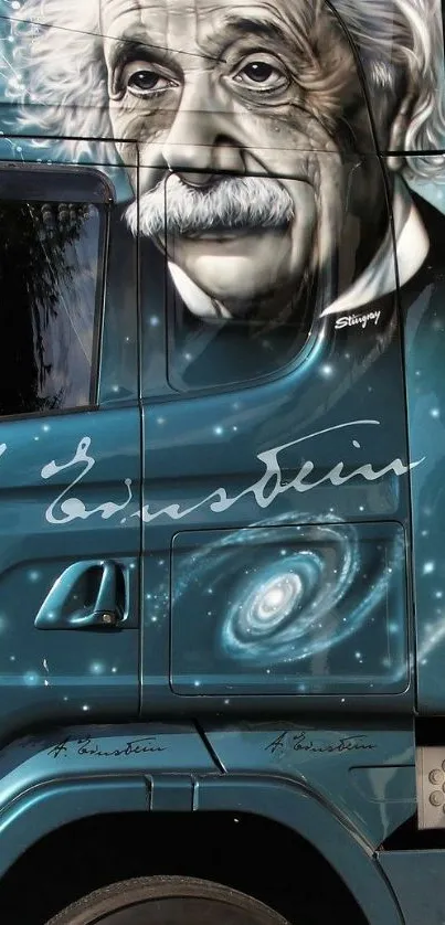 Artistic truck mural featuring Einstein and galaxies.