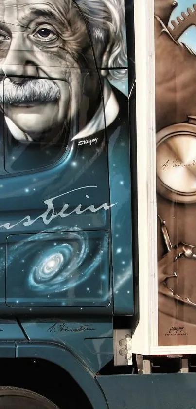 Einstein's portrait and galaxy art on truck wallpaper.