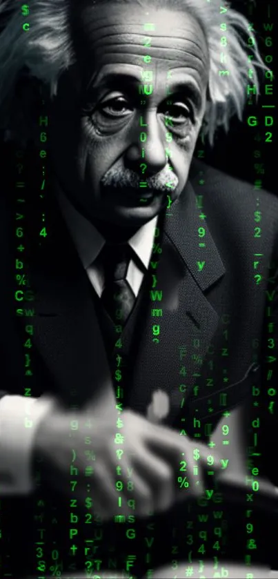 Einstein in suit with green Matrix code overlay