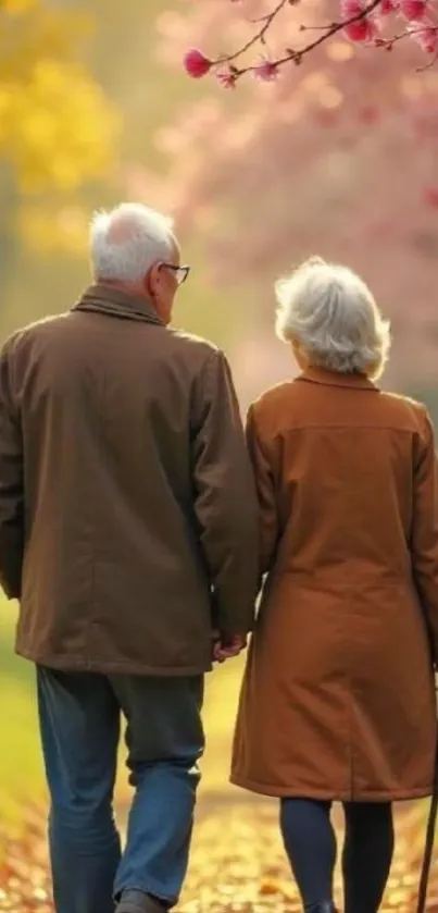 Elderly couple walking in a vibrant autumn park.