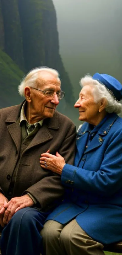 Elderly couple seated in nature, surrounded by misty mountains.