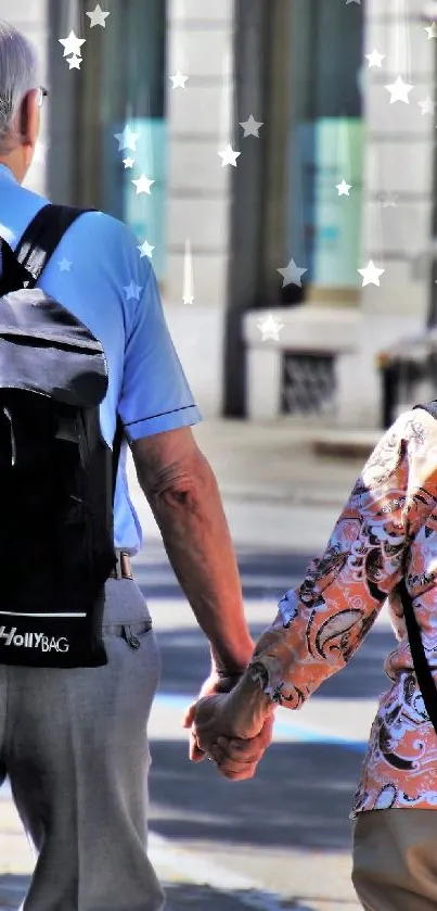 Elderly couple walking hand in hand on a city street.