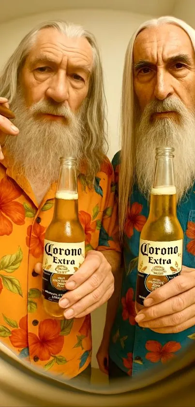 Two elderly men in floral shirts holding beers.
