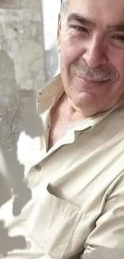 Elderly man in light shirt smiling peacefully.