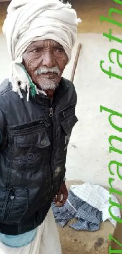 Portrait of elderly man in village setting, wearing traditional attire.