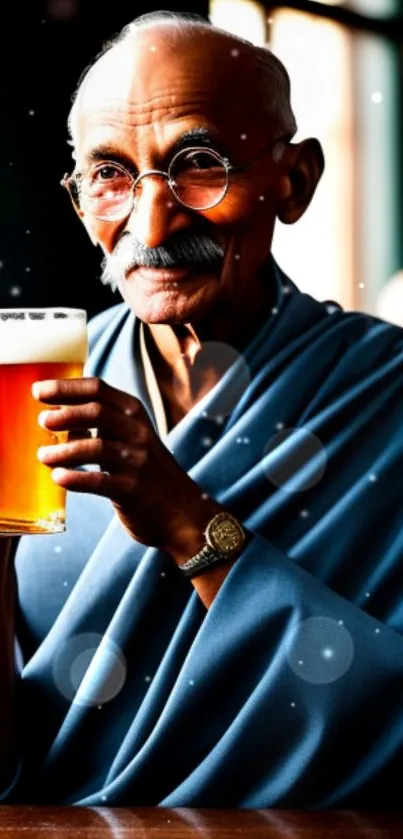 Elderly man in blue shawl holding a beer mug.