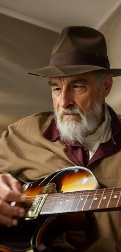 Elderly man with a hat plays guitar, showcasing wisdom and passion.