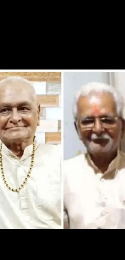 Two elderly men in white shirts, smiling serenely.