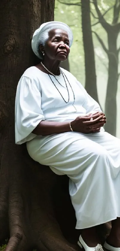 Elderly woman sits calmly against a tree in a lush, misty forest.