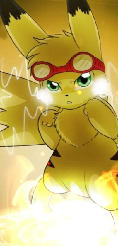 Anime character with electric energy and goggles in vibrant yellow hues.