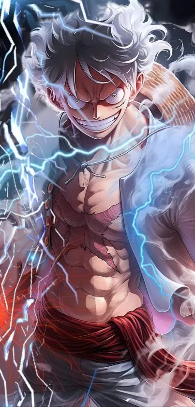 Anime character with electric blue lightning on phone wallpaper.