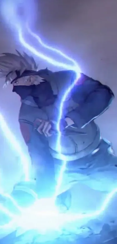 Anime character with electric blue lightning, creating a dramatic scene.