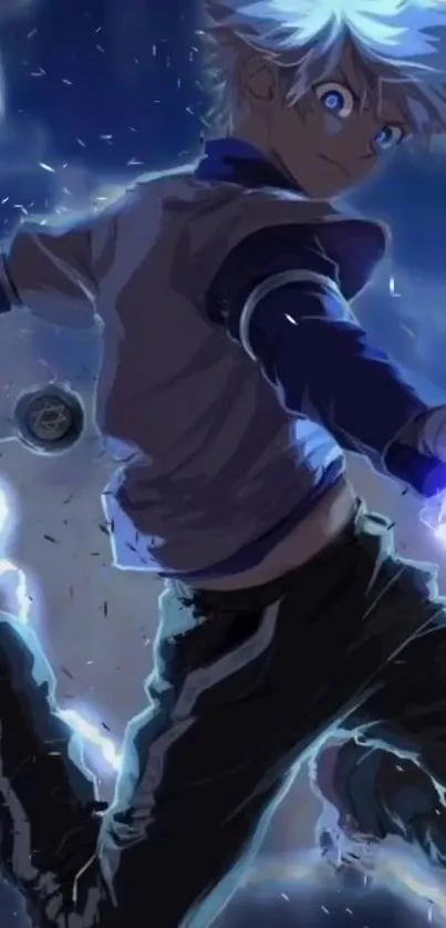 Electrifying anime character in action pose with blue and purple hues.