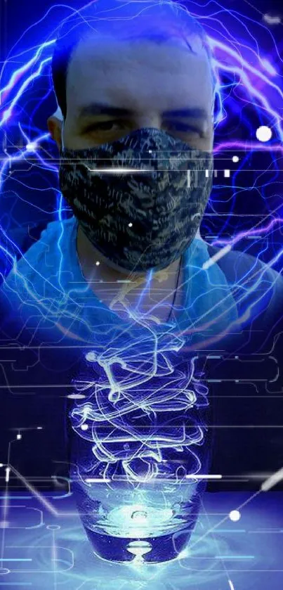 Electrifying wallpaper with masked figure and blue aura.