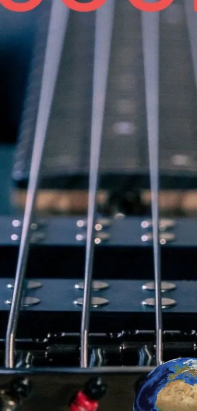 Close-up of electric bass guitar with strings and blue background.