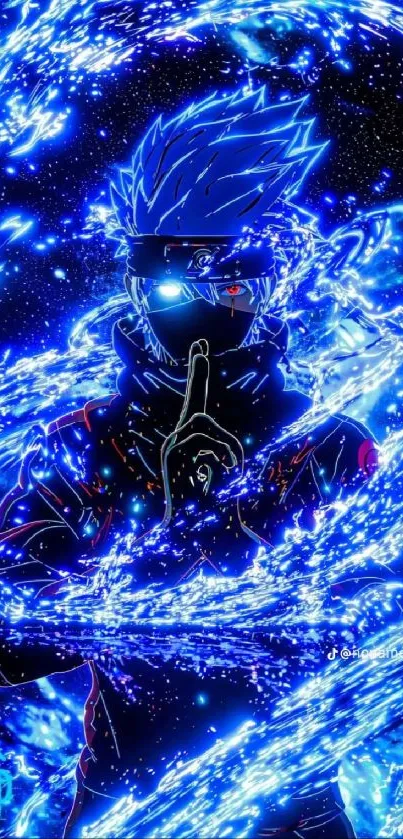 Anime character surrounded by blue energy swirls on a dynamic background.