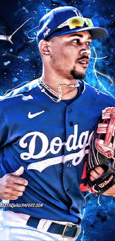 Electric blue vibrant baseball art on dark background.