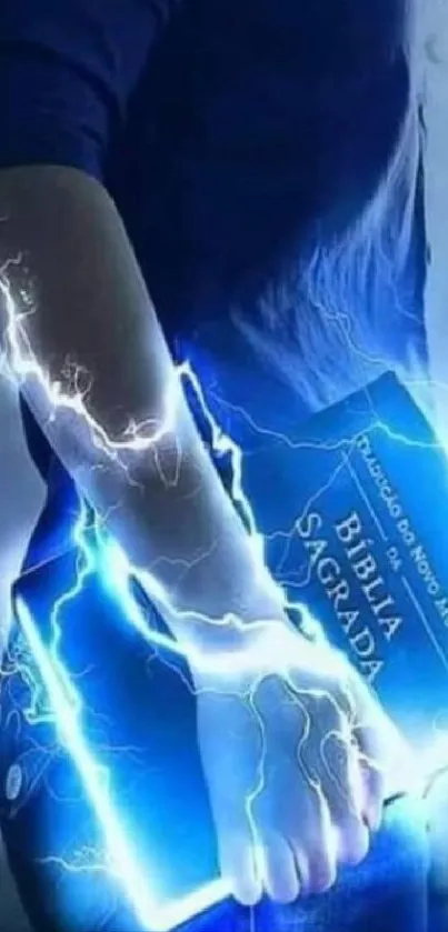 Electric blue Bible glowing with light and energy in hand.