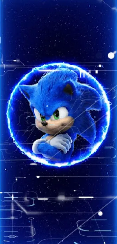 Electric blue wallpaper with animated character and glowing effects.